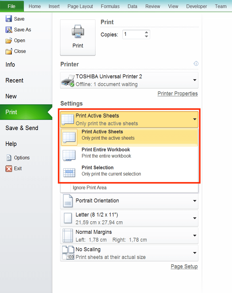 How to Print in Excel Neatly - Screenshot of the Scope Settings