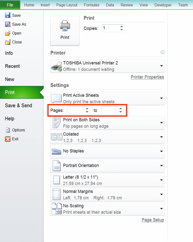 How to Print in Excel Neatly - Screenshot of the Pages Settings