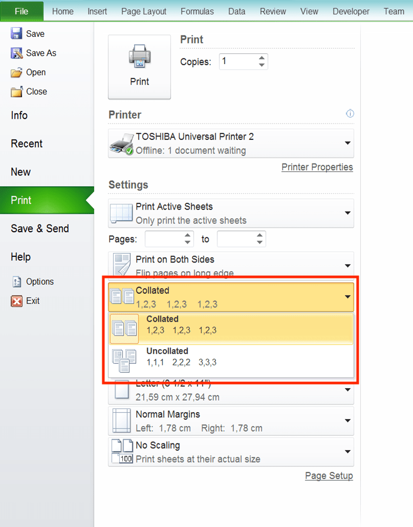 How to Print in Excel Neatly - Screenshot of the Collated Settings