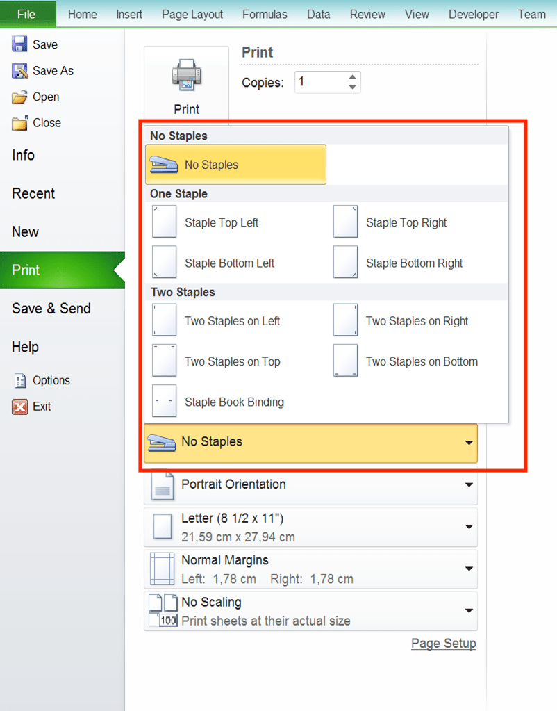 How to Print in Excel Neatly - Screenshot of the Using Staples Settings