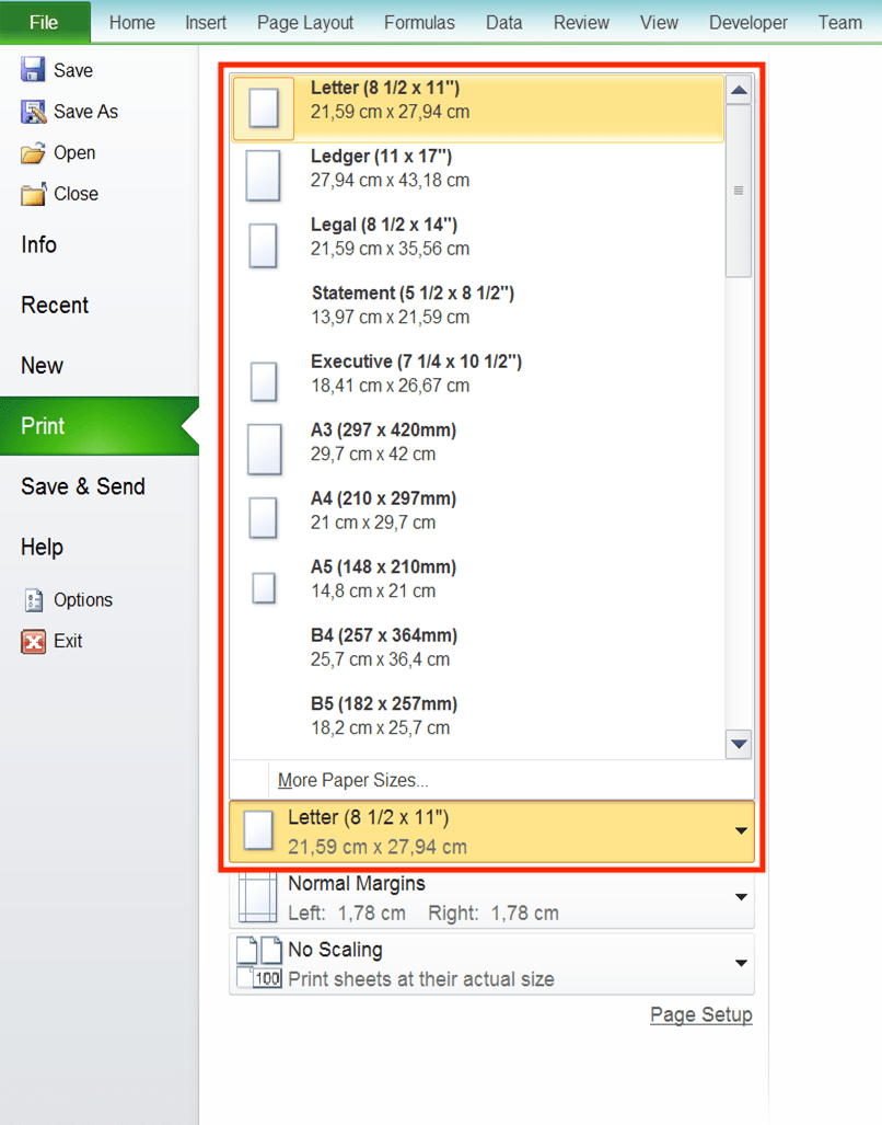 How to Print in Excel Neatly - Screenshot of the Paper Size Settings