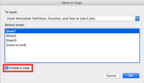Excel Worksheet Definition, Function, and How to Use It - Screenshot of the Create a Copy Checkbox Location in the Move or Copy... Dialog Box in Excel