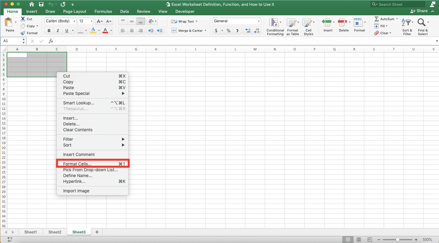 Excel Worksheet Definition, Function, and How to Use It - Screenshot of the Format Cells... Choice Location in the Cell Right-Click Menu in Excel