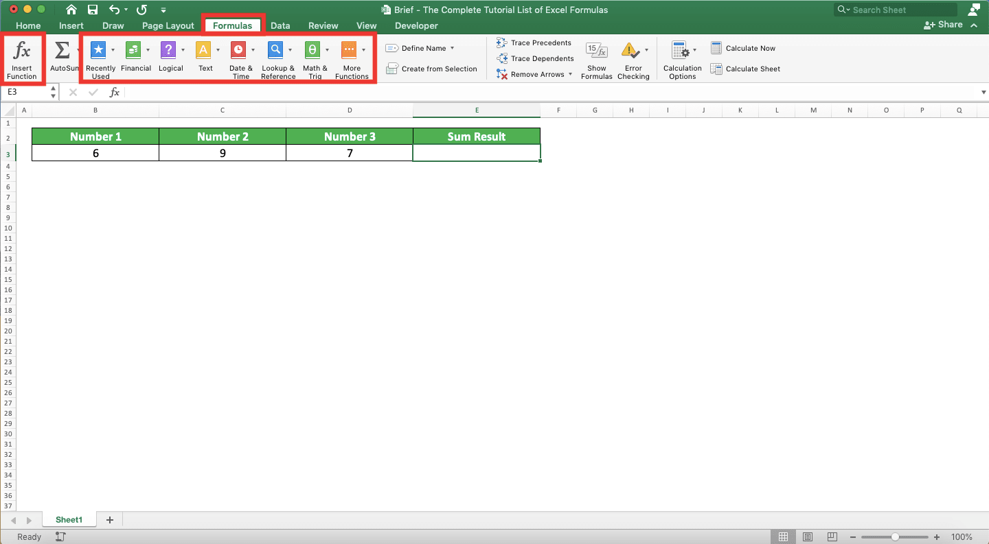 The Complete Tutorial List of Excel Functions - Screenshot of the Insert Functions Menu Location in Excel